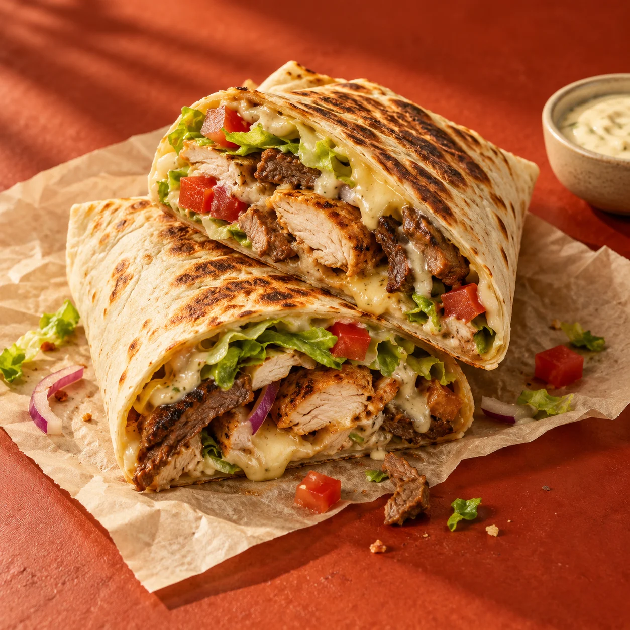 Illustration du concept Swiss Tacos : tortilla grillée, viande, poulet et garnitures